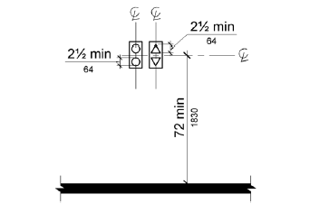 Visible signals are shown centered at 72 inches (1830 mm) minimum above the floor ground. The individual “up” and “down” elements, one with circular elements, another with triangular elements, are 2½ inches (64 mm) minimum measured along the vertical centerline of the element.