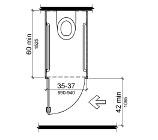 The compartment is 60 inches (1525 mm) deep minimum and 35 to 37 inches (890 to 940 mm) wide, with grab bars on both sides. The minimum clearance between the door side of the stall and any obstruction is 42 inches (1065 mm).
